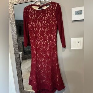 Cranberry lace special occasion fitted midi dress